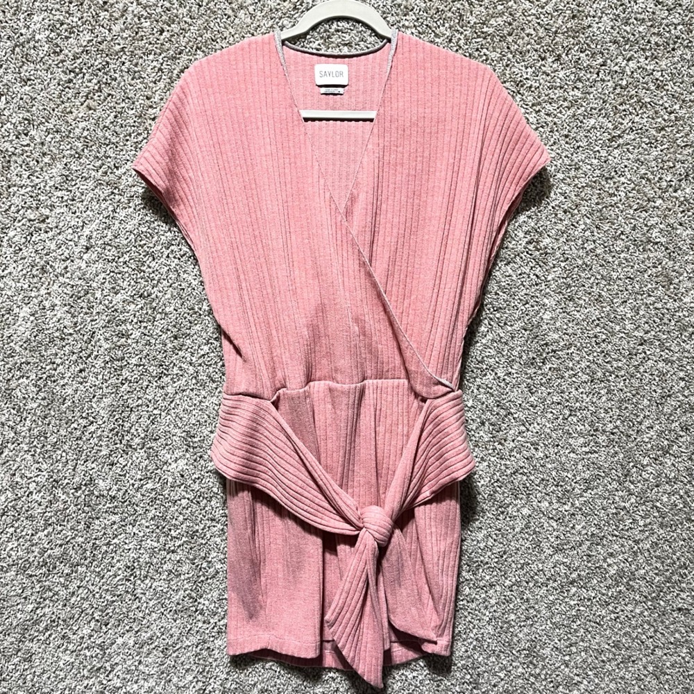Saylor Dress Women's Large Pink Ribbed Knit Faux Wrap Tie Waist Mini